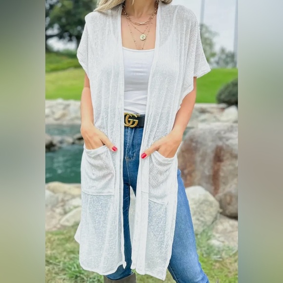 amoli Accessories - White Open-Front Sheer Lightweight Kimono Cardigan with Pockets